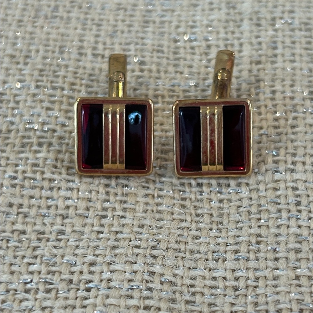 Vintage SWANK Square Gold Tone and Ruby Red Glass Cufflinks, 10K R.G.P.